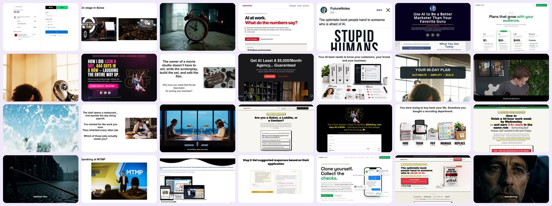A collage of the sales pages, order forms, webinar slides, video ads and trainings Iggy AI learned from