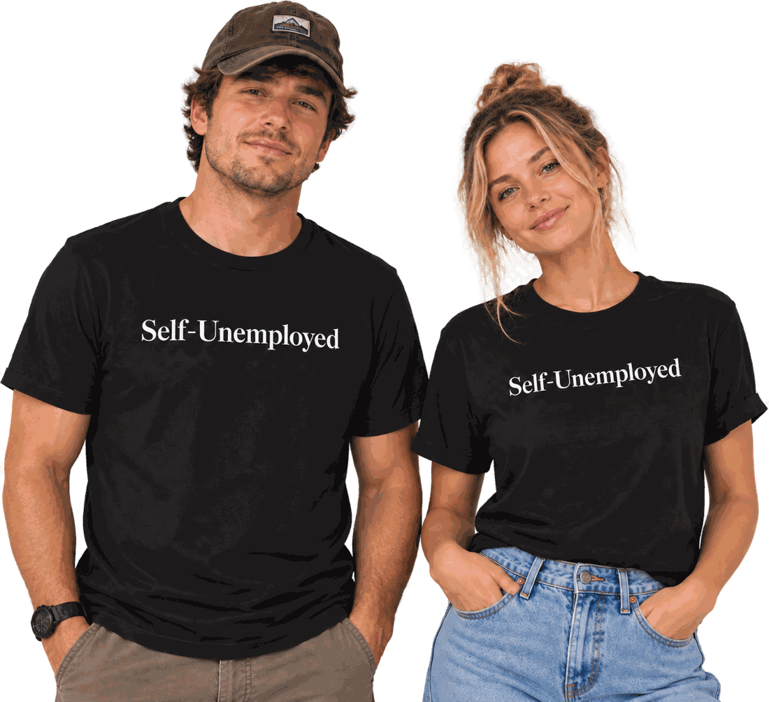 Two people wearing black Self-Unemployed T-shirts