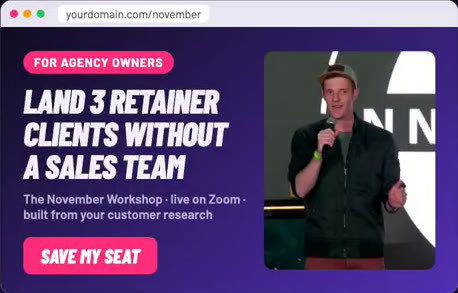 Webinar opt-in preview with a workshop headline, branded colors and Save My Seat button