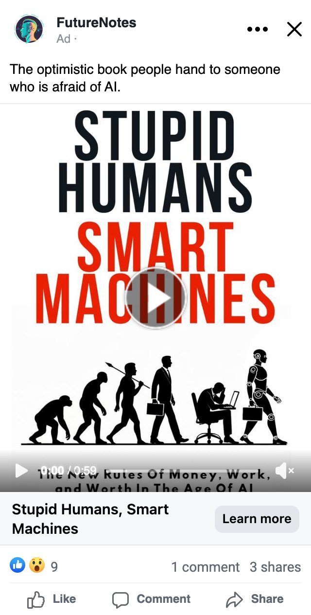 Facebook feed ad for the book Stupid Humans, Smart Machines